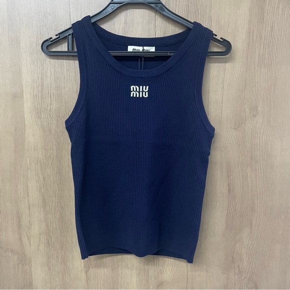 Miu Miu | Tops | Miu Miu Navy Ribbed Tank With White Logo | Poshmark